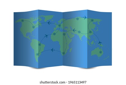 Open paper map with flight route. Paper map with the route of tourist travel by plane. Round-the-world tourism. Vector illustration