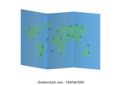 Open paper map with flight route. Paper map with the route of tourist travel by plane. Round-the-world tourism. Vector illustration
