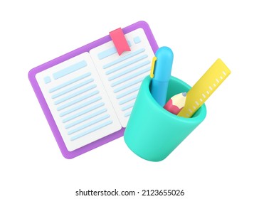 Open paper notepad with bookmark and stationery in plastic glass 3d isometric icon vector illustration. Textbook, book, pad for planning work, studying, analyzing, reading isolated. Business accessory