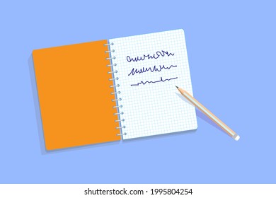 Öffnen Sie das Papiernotiz mit Bleistift. Notizen nehmen, schreiben, planen, studieren Konzept. Flache Vektorgrafik