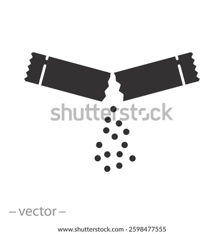 open paper sachet with sugar crystals, ripped packet sugar icon, soluble medication, flat vector illustration