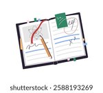 Open paper textbook and pencil to do homework. Notebook, book with notes on pages for learning, preparing for tests, exams. School stationery. Flat isolated vector illustration on white background