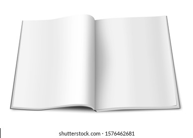 Open paperback book - realistic vector mock-up. Blank white page journal or magazine - template. Empty brochure, booklet or catalog - mockup.