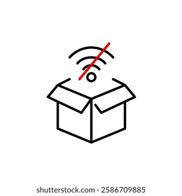Open parcel box and no wi-fi symbol. Lost shipment information, contactless delivery unavailable. Pixel perfect, editable stroke vector icon