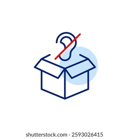Open parcel and ear crossed out symbol. No audio update on shipment tracking. Pixel perfect, editable stroke vector icon