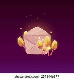 Open parchment envelope with magic sparkling mushrooms vector flat illustration. Cartoon empty letter with sparks and fantasy fungi. Old paper mail on purple background. Game message symbol