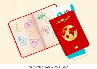 Open Passport with Flight Tickets and Multiple Immigration Stamp on It from Various Countries