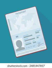 Open passport isolated in flat design style with long shadow