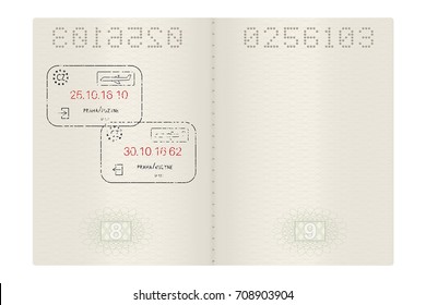 Open passport with Prague, Czech Republic stamps. Vector 3d illustration isolated on white background