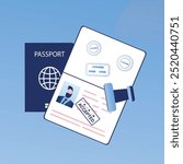 Open passport with stamp -accepted, visa approved, trendy style vector illustration