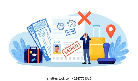 Open passport with stamp denied on travel visa, luggage, frustrated emigrant. Depressed man upset about refused entry. Travel abroad rejected. International vacation or emigration procedure