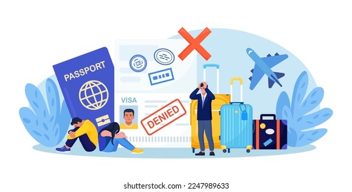 Open passport with stamp denied on travel visa, luggage, frustrated emigrant. Depressed people upset about refused entry. Travel abroad rejected. International vacation or emigration procedure