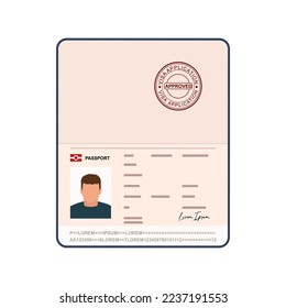 Open passport vector. passport with stamped visa approved. Minimal design isolated on white background. vector illustration 