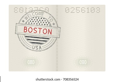 Open passport with Welcome to Boston stamp. Vector 3d illustration