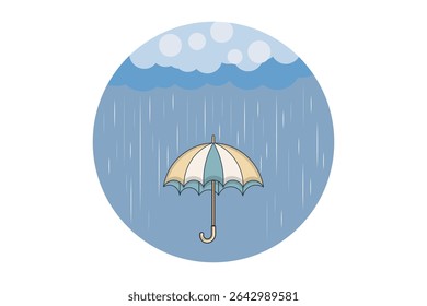 Open pastel umbrella in falling rain, cartoon vector flat design for cute weather background, nursery art, seasonal decorations, and print-ready patterns


