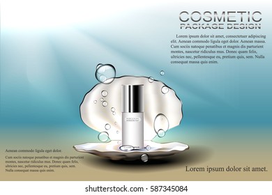 The open pearl shell with a bottle of cosmetics for skin care, under the water. Template advertising, design, poster, and more.Vector illustration.