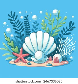 Open Pearl shell and seaweed in ocean cartoon vector icon illustration. nature object isolated flat	