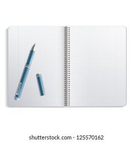 Open pen on white notebook. Vector design.