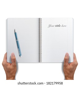 Open pen on white notebook. Vector design. 