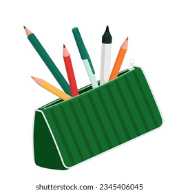 Open pencil case with assorted supplies, creativity and school concept