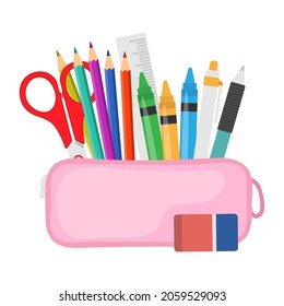 Open pencil case, full of stationery items. Pink bag with supplies. Back to school concept. Vector illustration