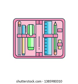 Open pencil case in vertical position with pen, marker, ruler and eraser inside. Pen bag for shool or student kids in flat color line design. Back to school vector illustration.