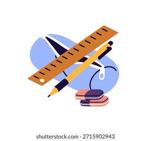 Estuche de lápiz abierto con cremallera para útiles escolares. Bolsa para kit de papelería con pluma, borrador, Regla. Herramientas de escritura y dibujo para el aprendizaje, el estudio. Ilustración vectorial aislada plana sobre fondo blanco