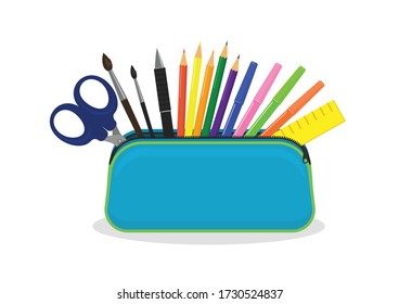 Open Pencil Case With Zipper Full Of Stationery On White Background. Vector Illustration.