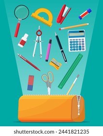 Open pencil case with zipper full of stationery items. Blue bag with supplies. Back to school concept. Pen, ruler, calculator, eraser, scissors, brush, stapler. Cartoon flat vector illustration