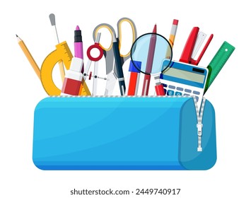 Open pencil case with zipper full of stationery items. Blue bag with supplies. Back to school concept. Pen, ruler, calculator, eraser, scissors, brush, stapler. Cartoon flat vector illustration