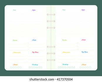 Open personal organizer Vector template, Weekly, daily planner. editable template with space for shopping list and notes