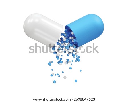 Open Pharmaceutical Capsule with Blue and White Granules Spilling Out icon 3d rendering illustration