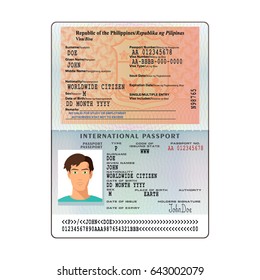 Open Philippines international passport visa sticker template in flat style. Vector EPS10.