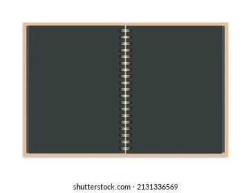 Open Photo Album Or Book With Black Empty Pages. Vertical Scrapbooking Album On Golden Metal Spirals And Beige Cover. Vector Realistic Mockup. Template For Your Design. EPS10.