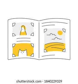 Open photo album with photos in frames and angles. Memories, family photography, history concept. Flat thin line vector illustration icon on white