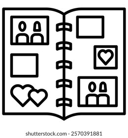 An open photo album with pictures of couples and hearts, line art icon illustration. Perfect for wedding invitations, anniversary cards, and romantic designs.