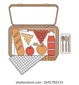 Open picnic basket with food and cutlery isolated on white background
