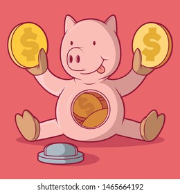 Open Piggy bank holding money vector illustration. Money, savings, currency design concept