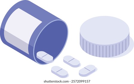 Open pill bottle dropping pills on white background with its cap aside, isometric view of pharmaceutical product for healthcare and medicine