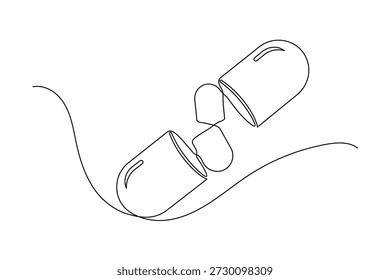 Dibujo continuo de una línea de la cápsula de la píldora abierta para la ilustración minimalista de la ciencia farmacéutica y de la dosis de la droga