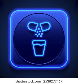 Open pill, glass with water simple icon vector. Flat design. Blue neon style on button. With shadow.ai