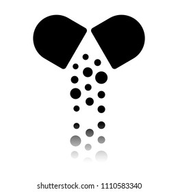 Open pill icon. Black icon with mirror reflection on white background