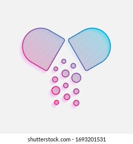 Open pill icon. Colored logo with diagonal lines and blue-red gradient. Neon graphic, light effect