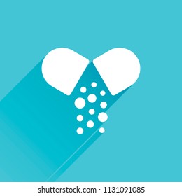Open pill icon. Gray icon with long shadow in bottom left corner on blue background