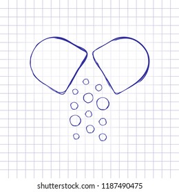 Open pill icon. Hand drawn picture on paper sheet. Blue ink, outline sketch style. Doodle on checkered background