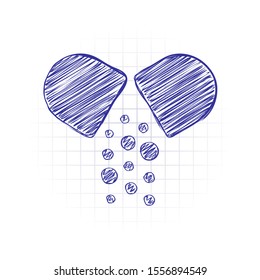 Open pill icon. Hand drawn sketched picture with scribble fill. Blue ink. Doodle on white background