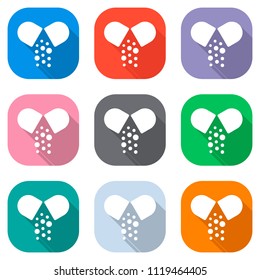 Open pill icon. Set of white icons on colored squares for applications. Seamless and pattern for poster