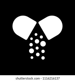 Open pill icon. White icon on black background. Inversion
