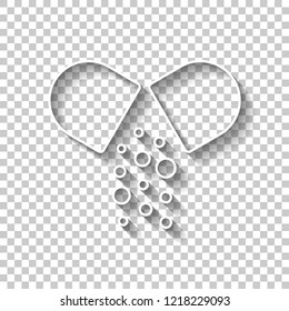 Open pill icon. White outline sign with shadow on transparent background
