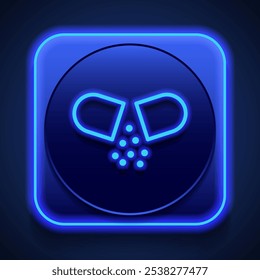 Open pill simple icon vector. Flat design. Blue neon style on button. With shadow.ai